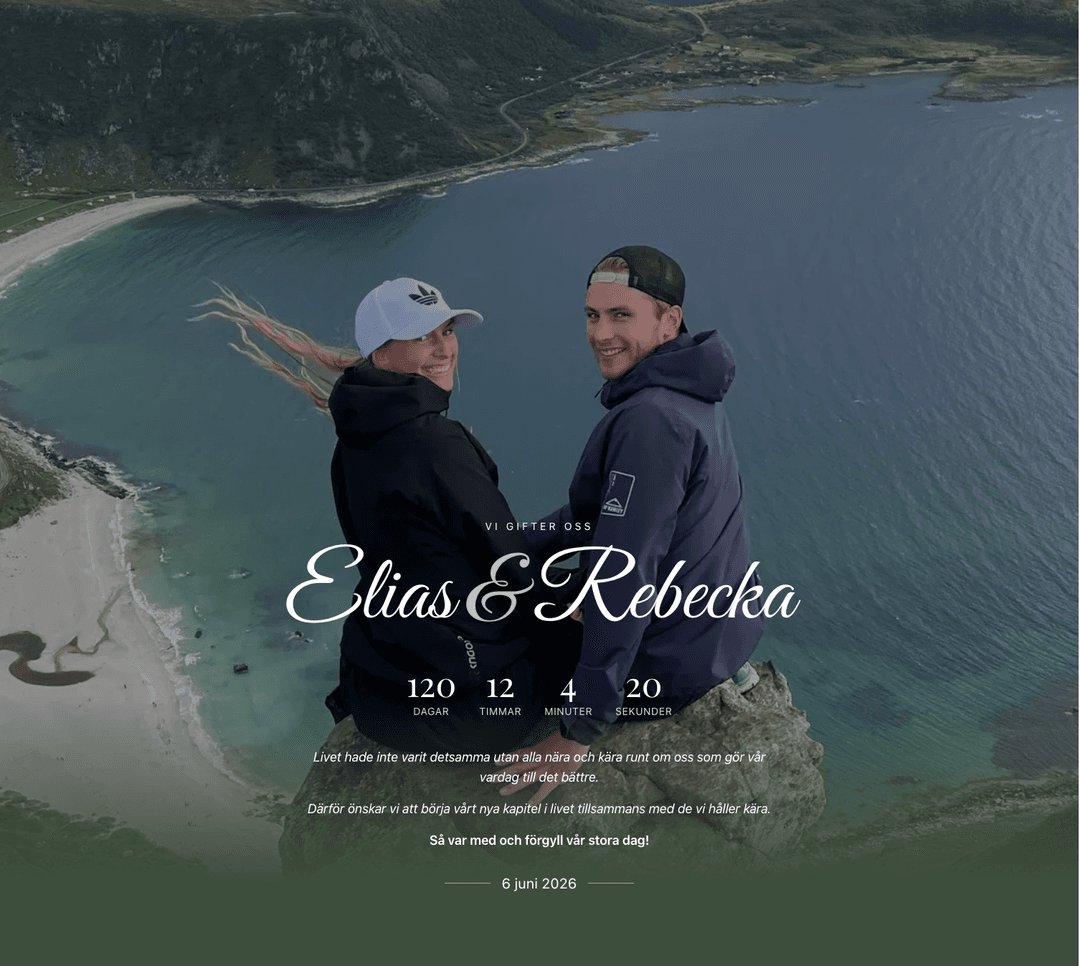 Bröllopshemsida för Elias & Rebecka — designad av Brollopsweb